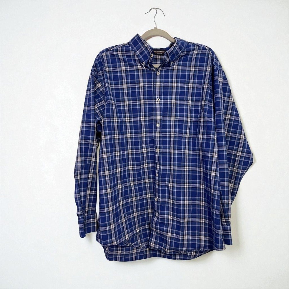 Roundtree & Yorke Men XL Blue Plaid Button Down Shirt Mesh Vent Back‎ Breathable